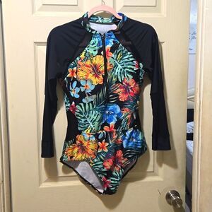 Tropical hibiscus palm one piece zipper front long sleeve surf suit